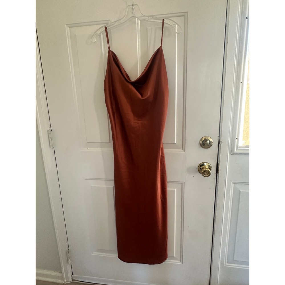 Petal + Pup Rust Satin Cowl Neck Midi Dress Copper Slip Dress Size 8